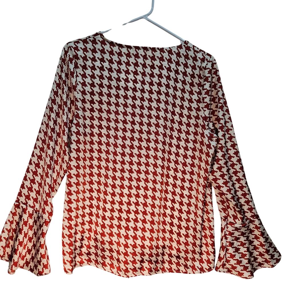 Perfectly Priscilla Cream Red Houndstooth Top Bell Sleeve Tie Bottom Small NWT - Picture 10 of 13